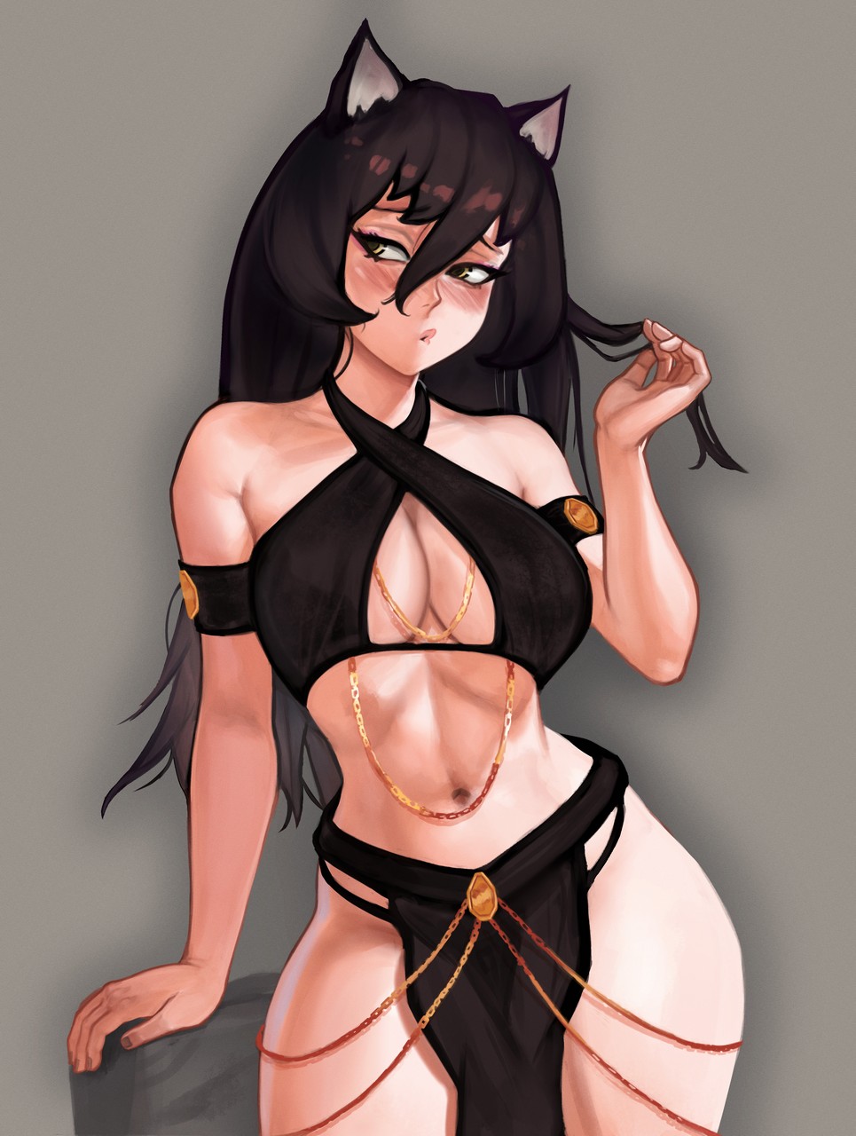 1girls akeowi black_hair blake_belladonna blush cat_ears faunus harem_outfit rwby solo solo_female tagme yomorio_lingerie