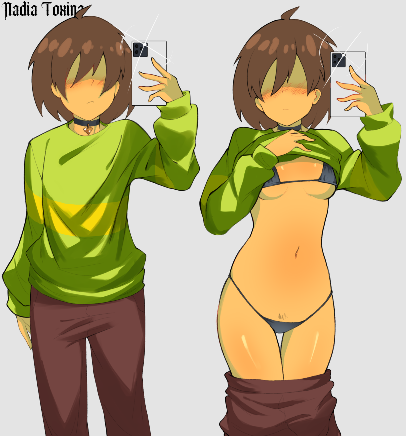 1girls brown_hair collar deltarune female green_sweater heart_collar hidden_curves kris_(deltarune) kris_dreemurr kris_female_(deltarune) nadia_toxinz panties phone pulling_down_pants shaved_crotch shaved_pussy shirt_lift solo sweater taking_picture undertale_(series)