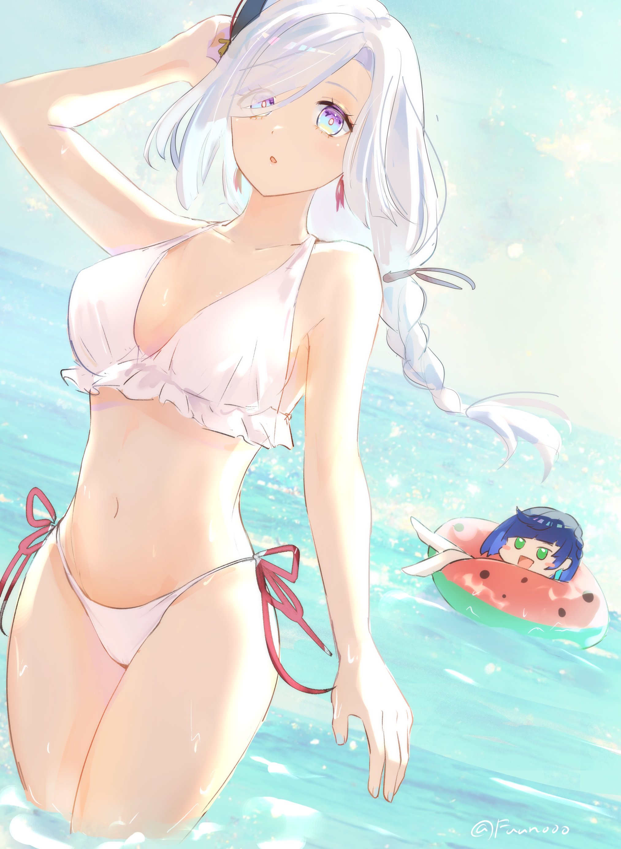 2girls, belly button, bikini, blue hair, braided hair, day, female, female only, fuunooo, genshin impact, high resolution, highres, hourglass figure, hoyoverse, light skin, long hair, looking at another, looking at viewer, mature, mature female, ocean, outdoors, shenhe (genshin impact), short hair, standing, standing in water, summer, swimsuit, thong, thong bikini, two piece swimsuit, water, white bikini, white hair, yelan (genshin impact)