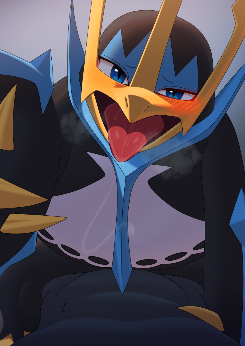 ambiguous_penetration avian bird black_body blue_body blush bodily_fluids breath claws cowgirl_position dominant dominant_female duo empoleon female female_focus female_on_top feral first_person_view from_front_position generation_4_pokemon hi_res human interspecies katahane3 looking_at_viewer looking_pleasured lying male male/female male_on_bottom male_on_feral male_pov mammal multicolored_body nintendo on_bottom on_top penetration penguin pokemon pokemon_(species) pokephilia reaching_towards_viewer saliva saliva_string sex simple_background solo_focus tongue tongue_out