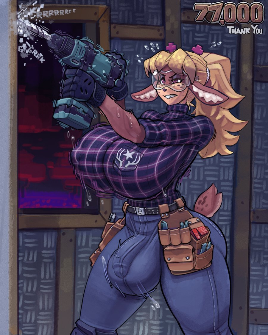 2024 anthro big_breasts biped bodily_fluids bottomwear breasts bulge christmas clothed clothing deer deltarune denim denim_bottomwear denim_clothing detailed_bulge drill ears_down english_text futa futanari gynomorph hair holidays hyper_genitalia inner_ear_fluff intersex jeans logo_on_clothing long_hair mammal new_world_deer noelle_holiday pants pivoted_ears protective_eyewear raised_tail reindeer snao solo sound_effects sweat sweatdrop tail text tools tuft undertale_(series) wall_(structure)