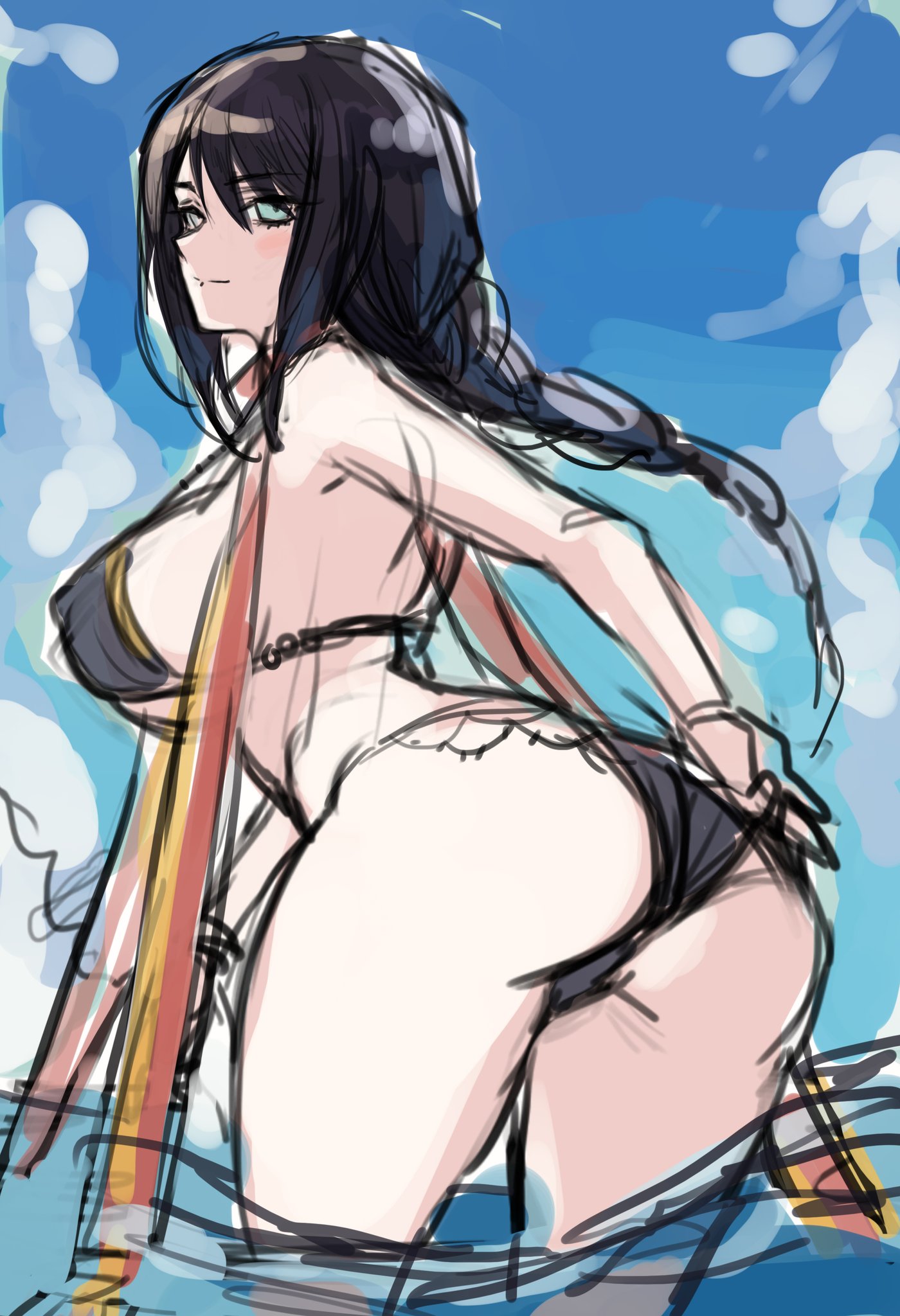 1girls, 2023, ass, beach, big ass, big breasts, bikini, black hair, blue eyes, braided hair, breasts, elden ring, female, fromsoftware, greatwhite, light skin, light-skinned female, low-angle view, mature female, pale skin, pale-skinned female, presenting hindquarters, solo, sorceress sellen, thighs