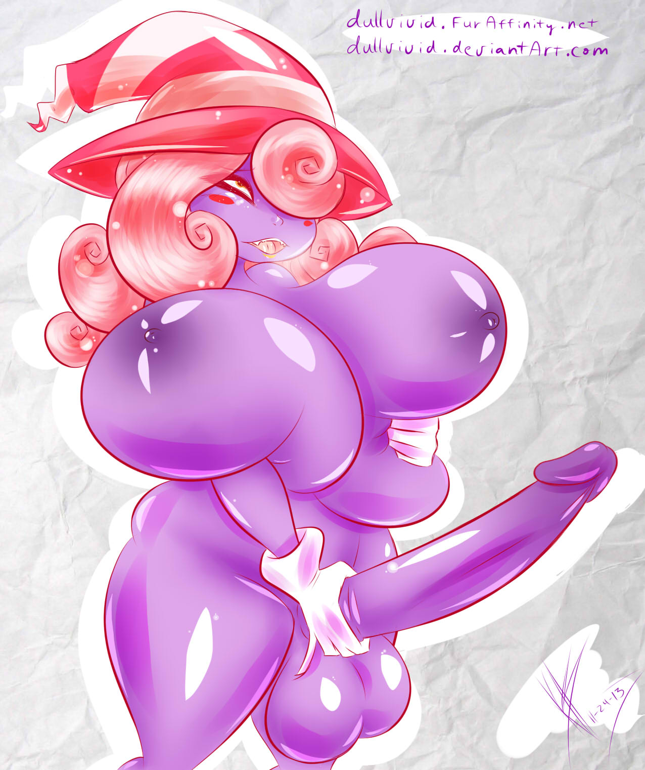 1futa, areola, areolar amelanism, balls, blush, breast squeeze, breasts, dullvivid, erect nipples, fangs, futa only, futanari, hair over one eye, huge breasts, hyper, hyper balls, hyper breasts, hyper penis, intersex, mario (series), masturbation, nintendo, nipples, nude, paper mario, penis, pink eyes, pink hair, purple skin, shadow siren, solo, solo futa, testicles, vivian (paper mario)
