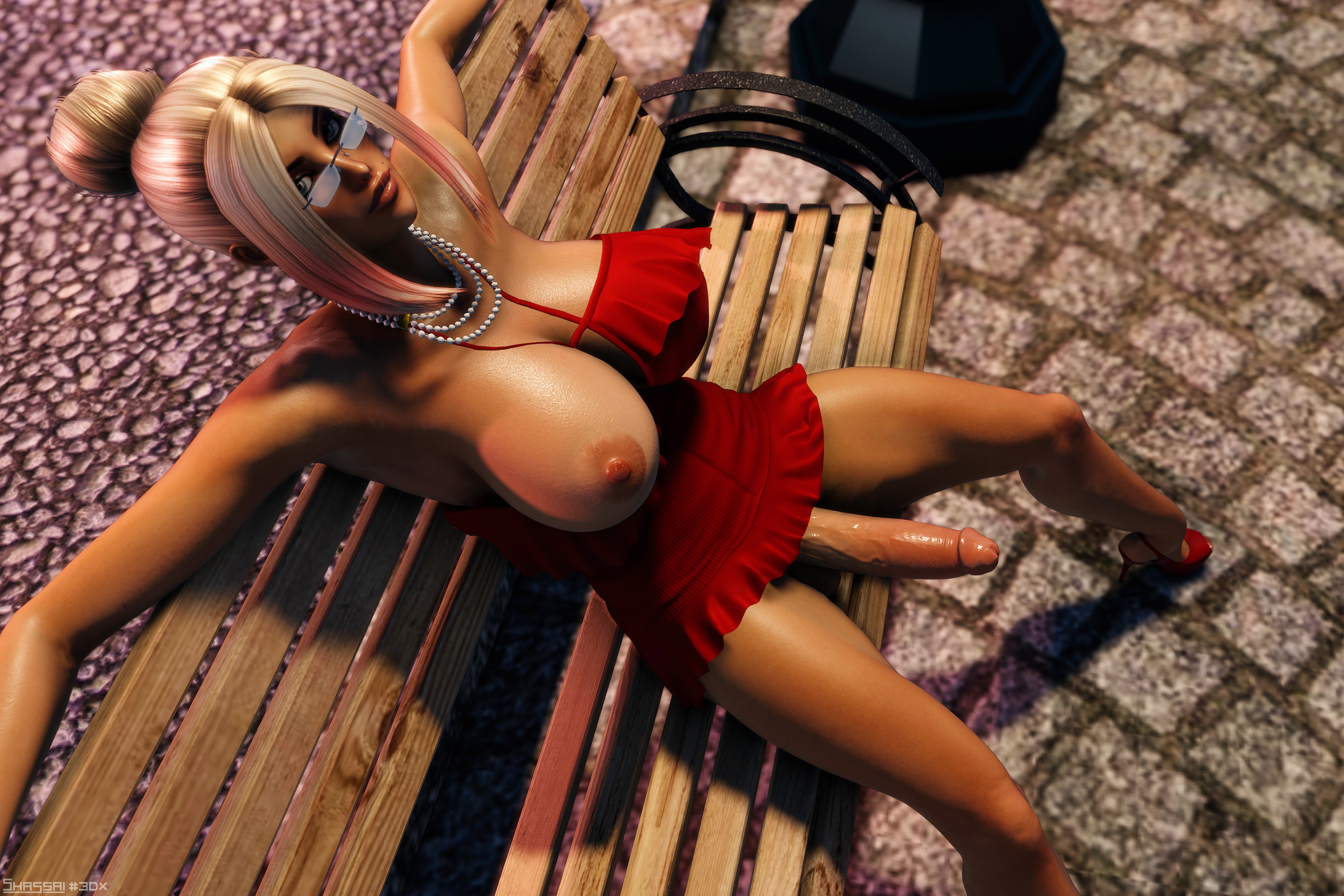 1futa, 3d, areola, blonde hair, bottomless skirt, breasts, casual boner, casual nudity, curvy, dani (shassai), erect nipples, erection, erection under clothes, erection under skirt, exhibitionism, futa only, futanari, glasses, heels, high-angle view, highres, huge breasts, intersex, large penis, leaning, long penis, looking at viewer, nipples, no panties, penis, penis out, penis under clothes, penis under skirt, public, public nudity, red dress, shassai, sitting, skirt, solo futa, tanned, wide hips