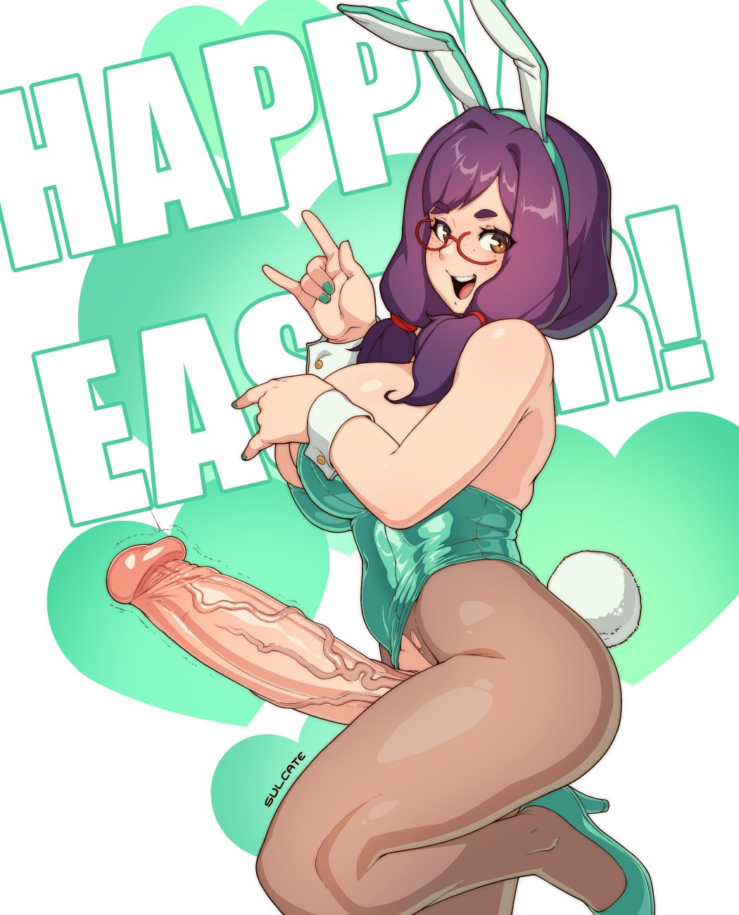 1futa 2024 animal_ears artist_name big_breasts breasts brown_pantyhose clothed clothing easter eggplant_(sulcate) erection fake_animal_ears fake_tail from_side futa_only futanari glasses green_footwear green_leotard happy_easter heart high_heels highres huge_cock human large_breasts leotard light-skinned_futanari light_skin long_hair looking_at_viewer mostly_clothed open_mouth original pantyhose penis playboy_bunny purple_hair rabbit_ears shoes short_hair solo sulcate tail teeth torn_clothes torn_pantyhose uncensored upper_teeth_only veins veiny_penis white_wrist_cuffs wrist_cuffs yellow_eyes