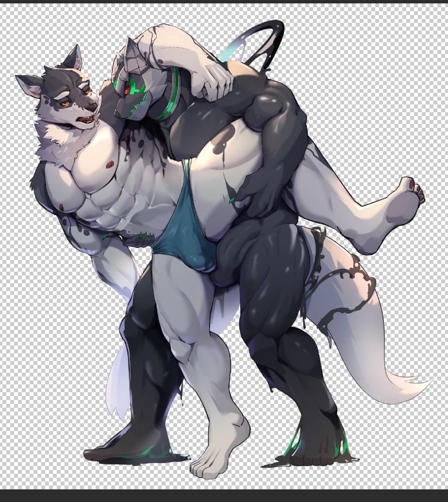 abs anthro black_and_white_fur bodysuit bulge canid canine canis clothing detailed_bulge domestic_dog duo echo870611 erection erection_under_clothing genital_outline green_eyes husky lifewonders live_a_hero male male/male mammal monomasa muscular muscular_anthro muscular_male nipples nordic_sled_dog pecs penis_outline red_sclera selfcest skinsuit slime spitz square_crossover supervillain thong tight_clothing underwear