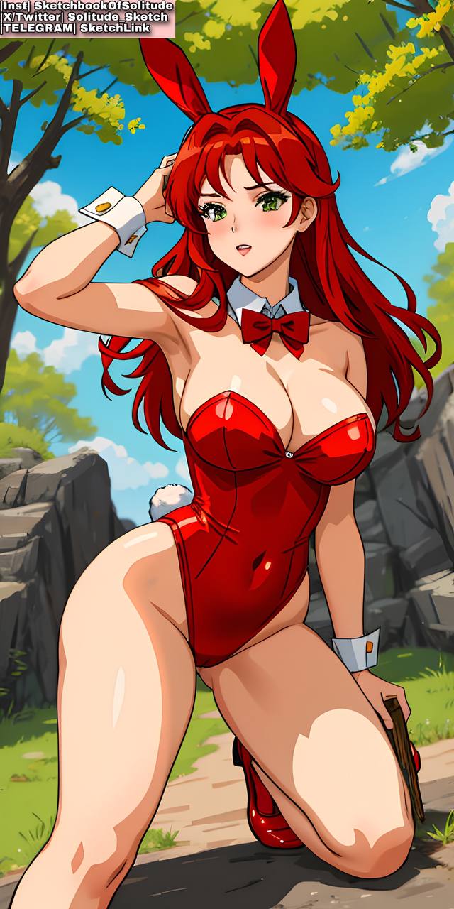 ai_generated ai_hands anime anime_style big_breasts breasts bunny_costume bunny_ear bunny_ears bunny_girl bunnygirl bunnygirl_outfit bunnysuit female female_human female_only girl girls long_hair only_female only_girl red_hair red_outfit soli_sketch thick_thighs thickthighs thighhighs thighs