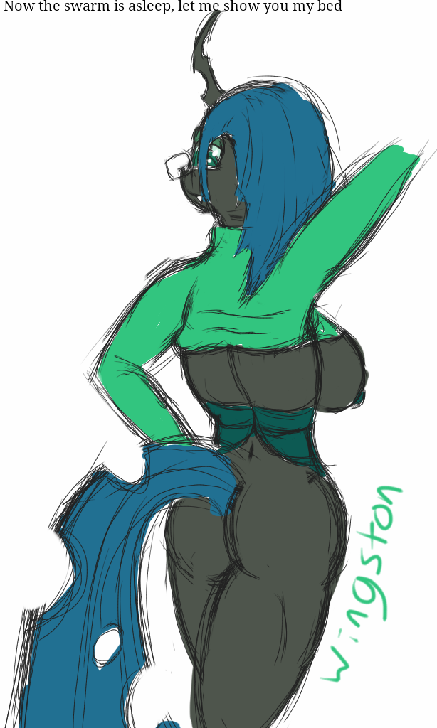 2013 anthro anthrofied ass big_breasts breasts changeling clothed clothing english_text equine fangs female friendship_is_magic green_eyes green_hair hair horn horse long_hair looking_at_viewer looking_back milf mother my_little_pony nipples nude parent plain_background pony presenting queen_chrysalis_(mlp) shirt sketch smile smooth_skin solo standing text white_background wingston