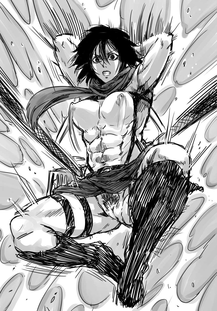 1girls abs areolae armpits arms_up athletic attack_on_titan belt black_hair boots bottomless breasts dark_hair exposed_breasts exposed_nipples exposed_pussy eyelashes female female_focus female_only female_pubic_hair fit fit_female footwear hairy_pussy highres human human_only innie_pussy joka_(hiwai) kneehighs large_breasts medium_hair midriff mikasa_ackerman monochrome motion_lines muscles muscular_female navel nipples no_bra no_panties no_underwear nude parted_lips pubic_hair pussy scarf simple_background skirt skirt_lift skirt_up solo solo_focus stomach straps swinging_breasts toned toned_female topless wide_eyed