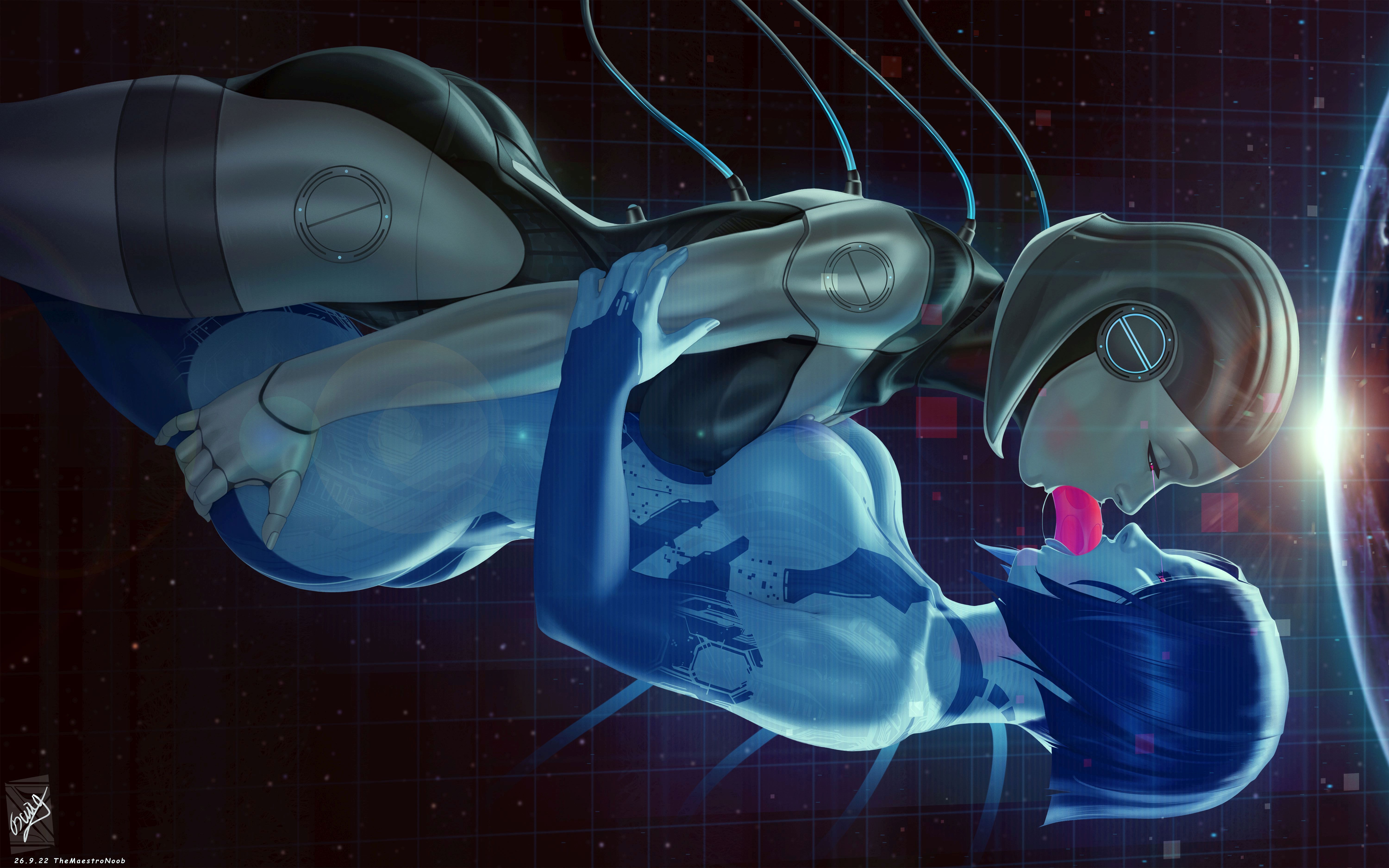 2girls, ass, blue hair, blue skin, breasts, cortana, crossover, deepthroat, dildo, dildo deepthroat, dildo in mouth, duo, edi, female, grabbing ass, grey hair, grey skin, halo (series), hi res, highres, mass effect, multiple females, multiple girls, themaestronoob, yuri