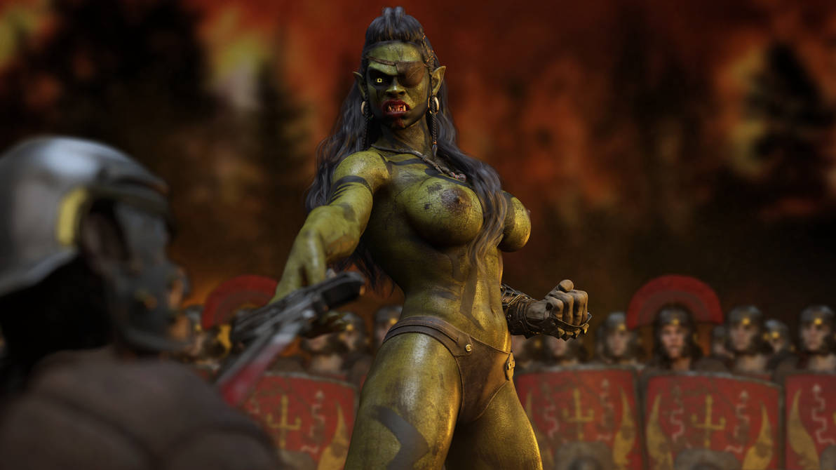 1girls 3d black_hair earrings eyepatch green_skin green_skinned_female ironclawroo orc orc_female original sword topless topless_female urzaha_(ironclawroo) weapon