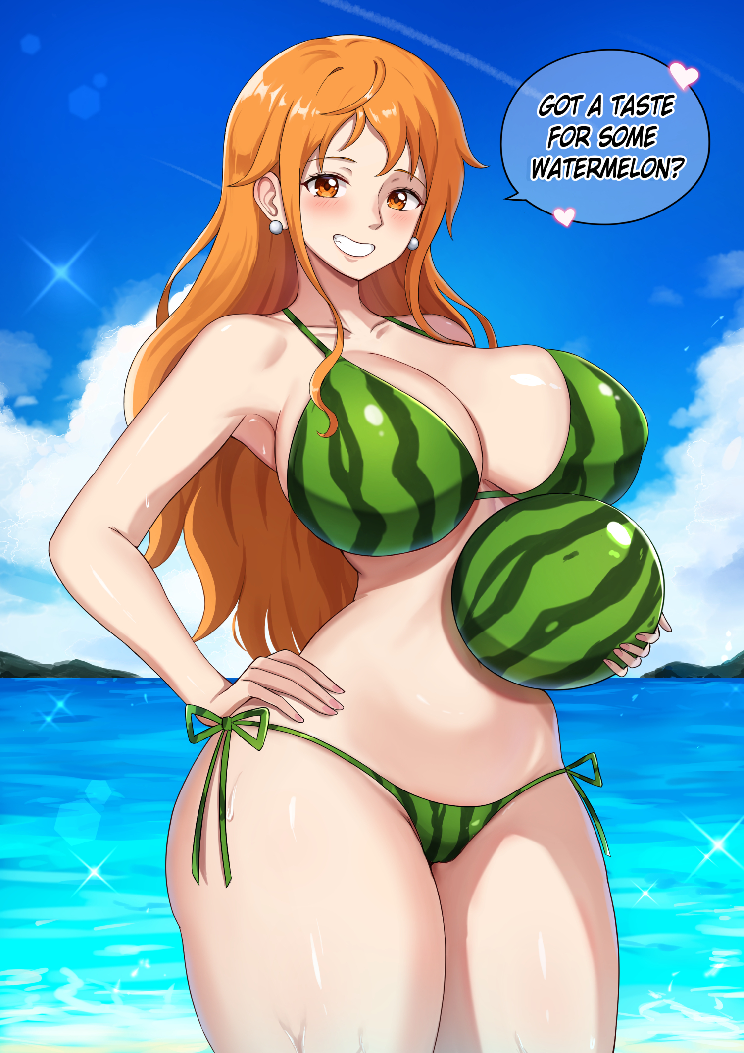 1girls, bikini, breasts, female, female only, hi res, huge breasts, light skin, light-skinned female, long hair, nami (one piece), one piece, orange hair, orange-haired female, post-timeskip, sleeptopi, thick thighs, watermelon, watermelon bikini, wide hips