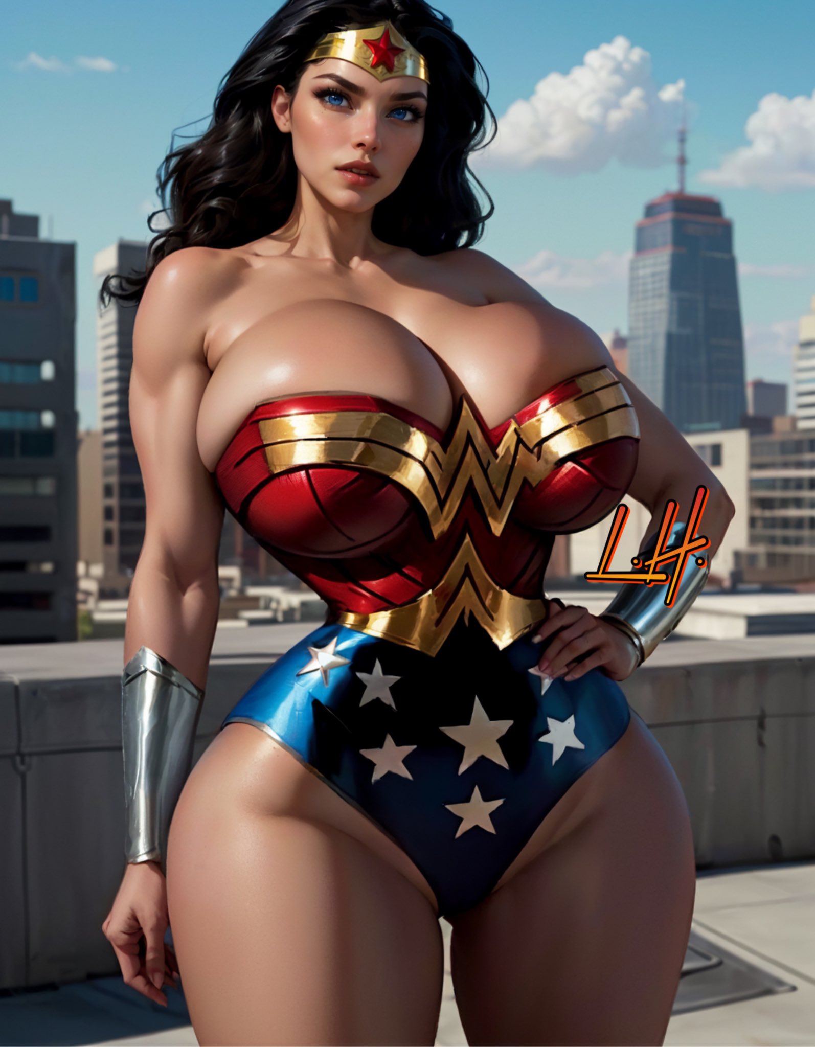 1girls, ai generated, amazon, amazonian, big breasts, black hair, blue eyes, breasts, busty, dc, dc comics, diana prince, female, female only, hourglass figure, liluai, massive breasts, princess, royalty, skimpy armor, small head, solo, solo female, superheroine, top heavy, wonder woman, wonder woman (series)
