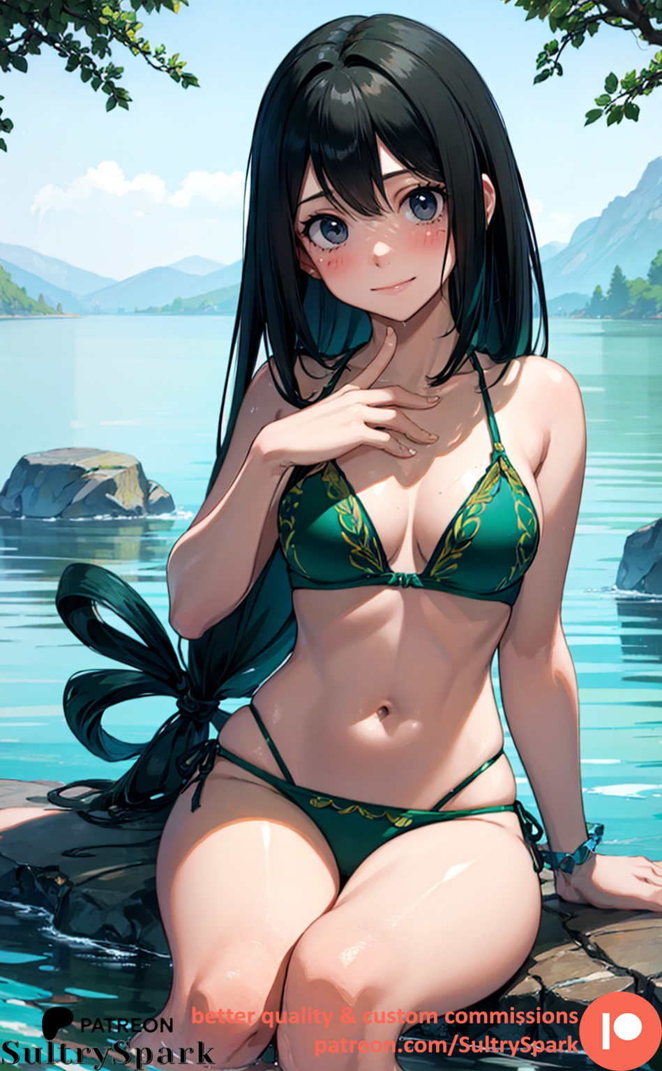ai generated, bikini, boku no hero academia, commission, eyes, female, green bikini, green hair, hands-free, lake, long hair, my hero academia, outdoors, patreon, patreon username, smile, smiling, smiling at viewer, sultryspark, tsuyu asui