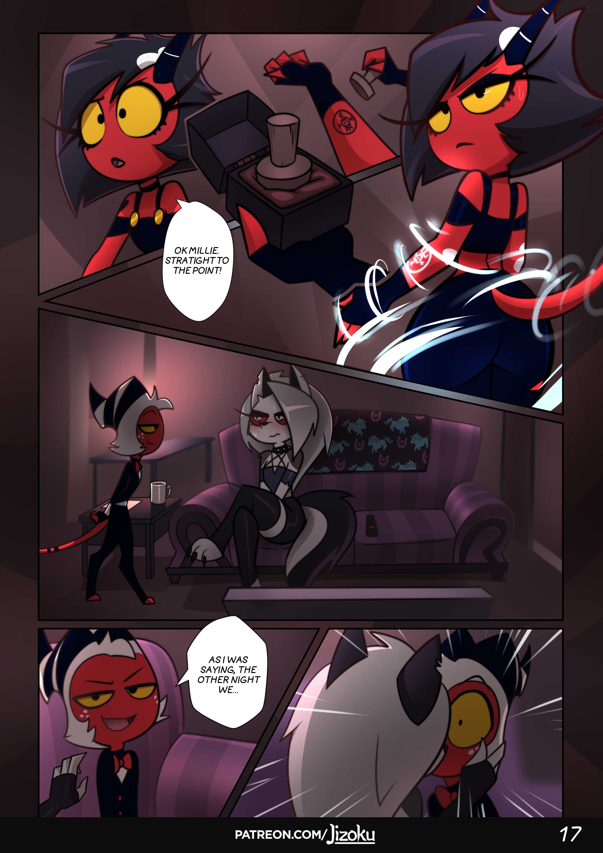 1boy, 2girls, comic, comic page, female, hellhound, helluva boss, imp, jizoku, larger female, loona (helluva boss), male, millie (helluva boss), moxxie (helluva boss), page 17, page number, smaller male, tagme, thigh highs, thighhighs