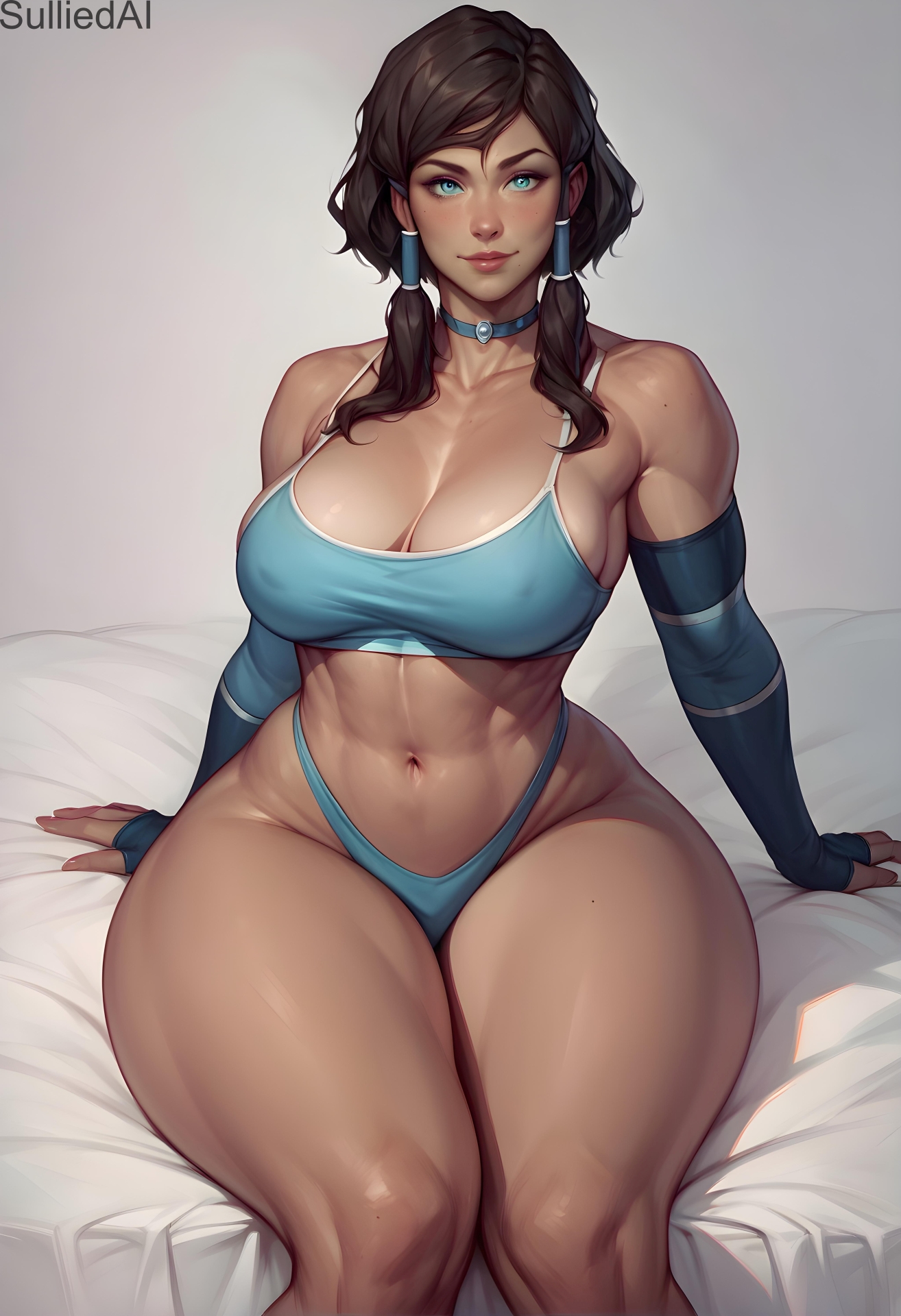 1girls, ai generated, avatar legends, big breasts, blue eyes, breasts, child bearing hips, female, female only, huge thighs, human, korra, large breasts, solo, sulliedai, tan body, the avatar, the legend of korra, thick thighs, underwear, water tribe, wide hips