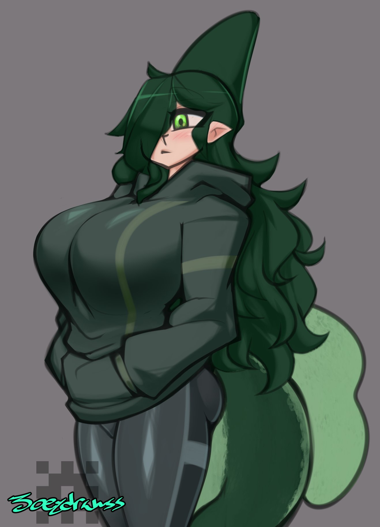 1girls 2024 artist_signature big_breasts female female_only fin green_eyes green_hair hair_over_one_eye hands_in_pockets hi_res hoodie joeydrawss long_hair pointy_ears shark_girl solo tail tammie_(joeydrawss)