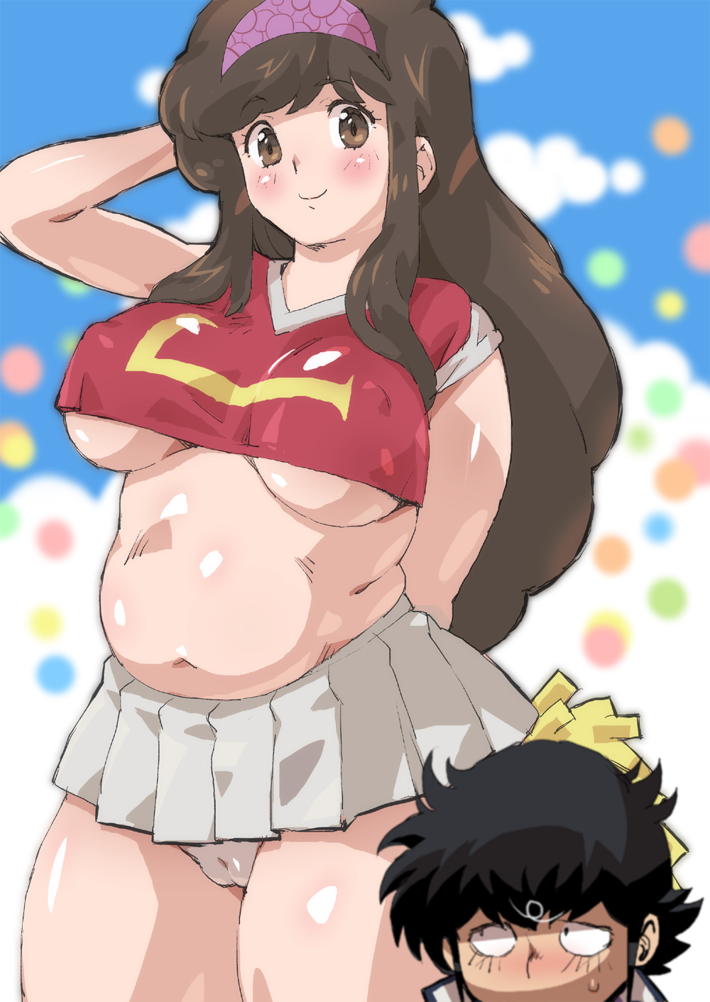 1boy 1girls 2021 aoba_shunsuke arm_behind_head arm_up asaoka_natsumi bare_arms bare_shoulders black_hair blush breasts brown_eyes brown_hair cameltoe cheerleader chubby clothing crop_top female female_focus grey_skirt hairband height_difference highres large_breasts long_hair looking_at_another looking_at_viewer looking_up male midriff miniskirt navel nipple_bulge panties petitdry pleated_skirt pom_poms purple_hairband red_shirt revealing_clothes shirt skirt smaller_male smile standing sweat sweatdrop the_kabocha_wine thick_thighs thighs underboob undersized_clothes underwear very_long_hair white_panties wide_hips