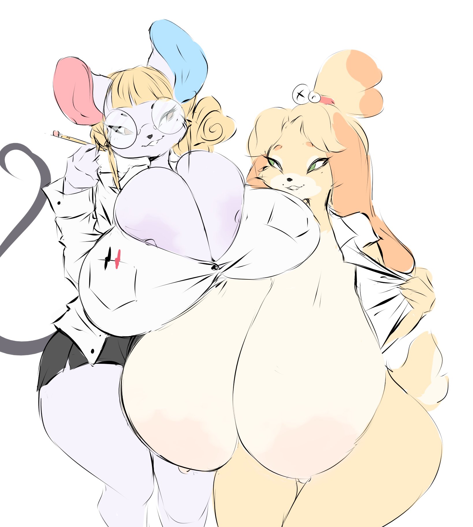2girls, animal crossing, big breasts, breasts, dullvivid, female, furry, huge breasts, isabelle (animal crossing), petri (animal crossing), thick thighs, wide hips