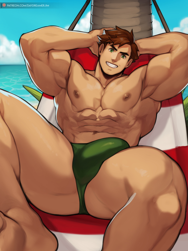 1boy, abs, alex mullner, arms up, bara, beach, beach background, big biceps, big bulge, big muscles, big pecs, blue sky, brown hair, bulge, coconut tree, daydreamerjim, erection, erection in thong, gay, green eyes, green thong, hands behind head, human, human only, looking at viewer, male, male only, muscles, muscular, muscular male, muscular thighs, nipples, pecs, pectorals, six pack, smile, smiling, solo, solo male, stardew valley, thick thighs, thong, thong bikini, thong only, toned, toned body, yaoi