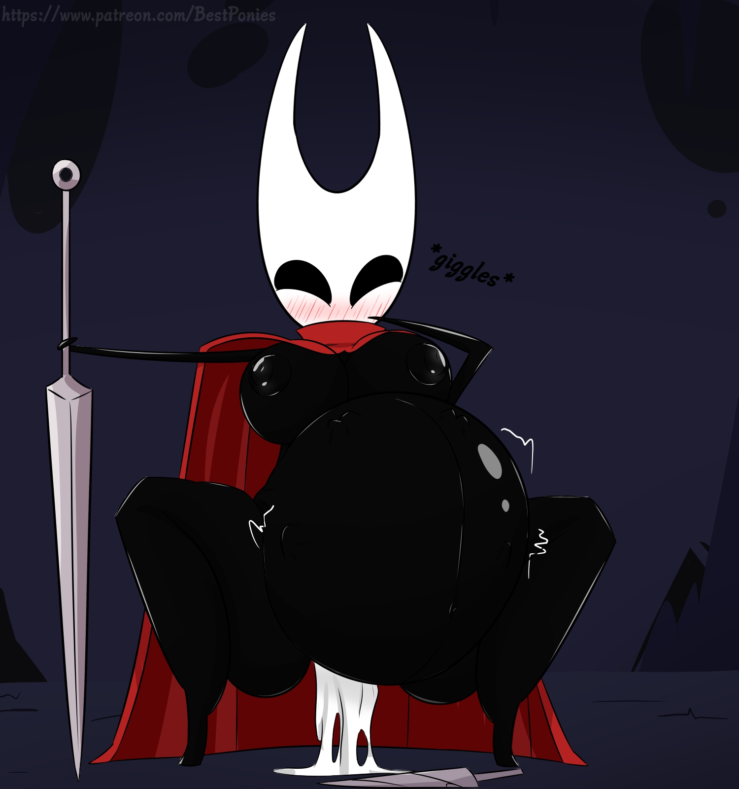 arthropod, bestponies, big belly, blush, female, fetal movement, hollow knight, hornet (hollow knight), orgasm, safe vore, squirming, the knight (hollow knight), unbirthing, vore