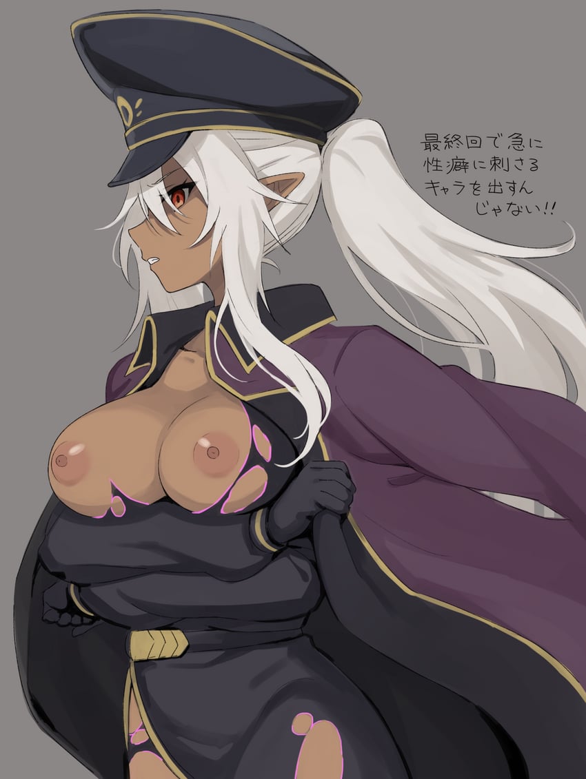 black clothing, dark elf, dark skin, elf, female, kage no jitsuryokusha ni naritakute!, lambda (the eminence in shadow), long ears, long hair, nipples, pointy ears, red eyes, solo, tagme, the eminence in shadow