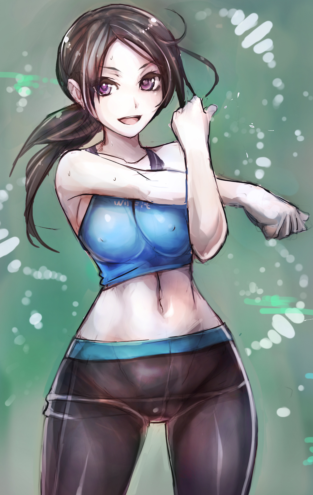 1girls, black hair, clothing, female, female only, human, midriff, nintendo, no sex, pale skin, ponytail, smile, solo, sportswear, stretching, sweat, tank top, tied hair, white skin, wii, wii fit, wii fit trainer, wii fit trainer (female), yoga pants