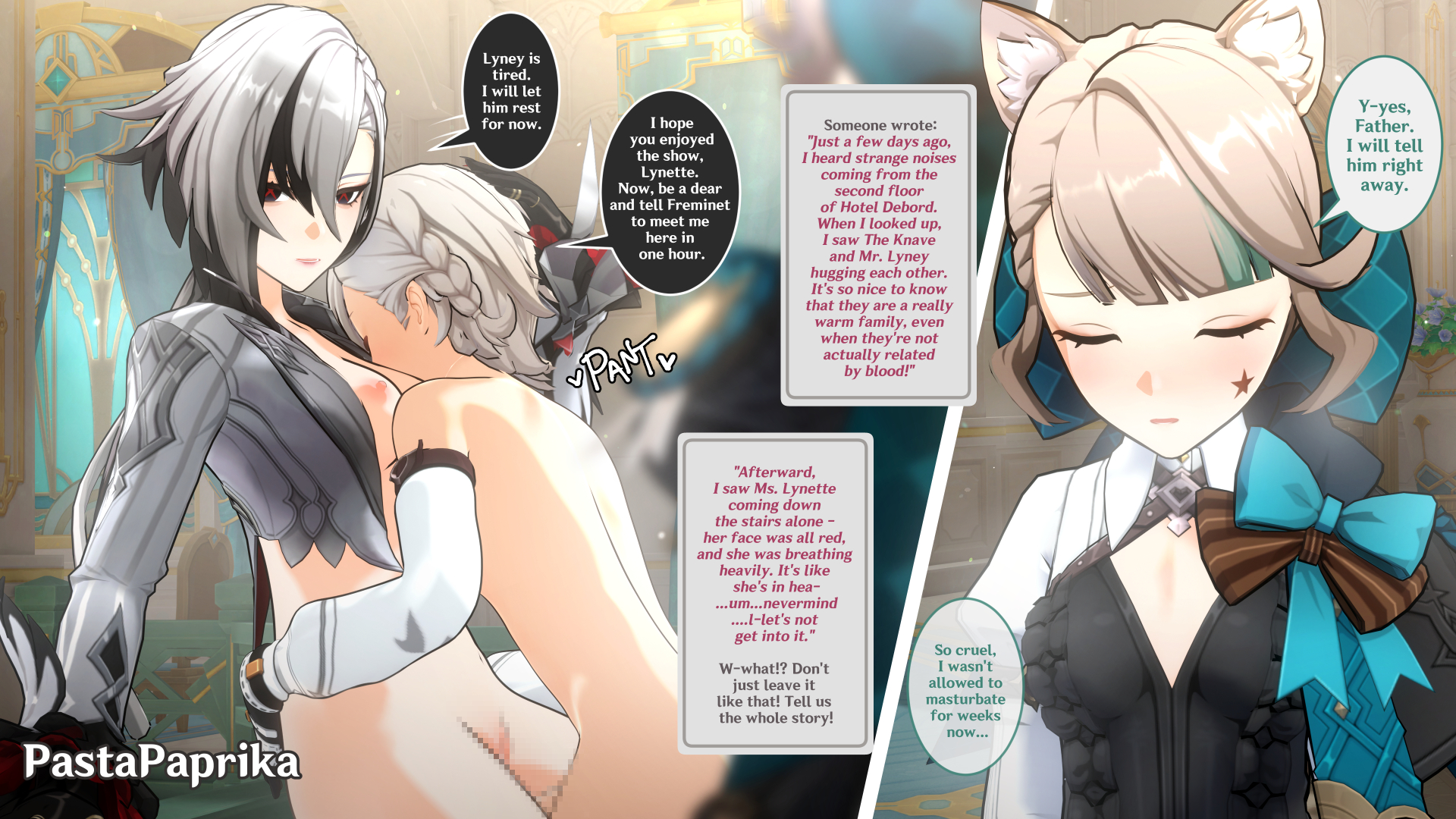 1boy, 2girls, 3d, arlecchino (genshin impact), blush, breasts, brother and sister, censored, english text, female, genshin impact, lynette (genshin impact), lyney (genshin impact), male, mature, mature female, milf, nipples, pastapaprika, text, text bubble, watching
