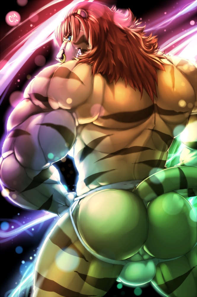 2012 anthro ass astro back behind biceps black brown bulge canine cursedmarked feline fur hair jockstrap liger looking_at_viewer male male_only marxeen muscles nose smile solo tan teeth underwear