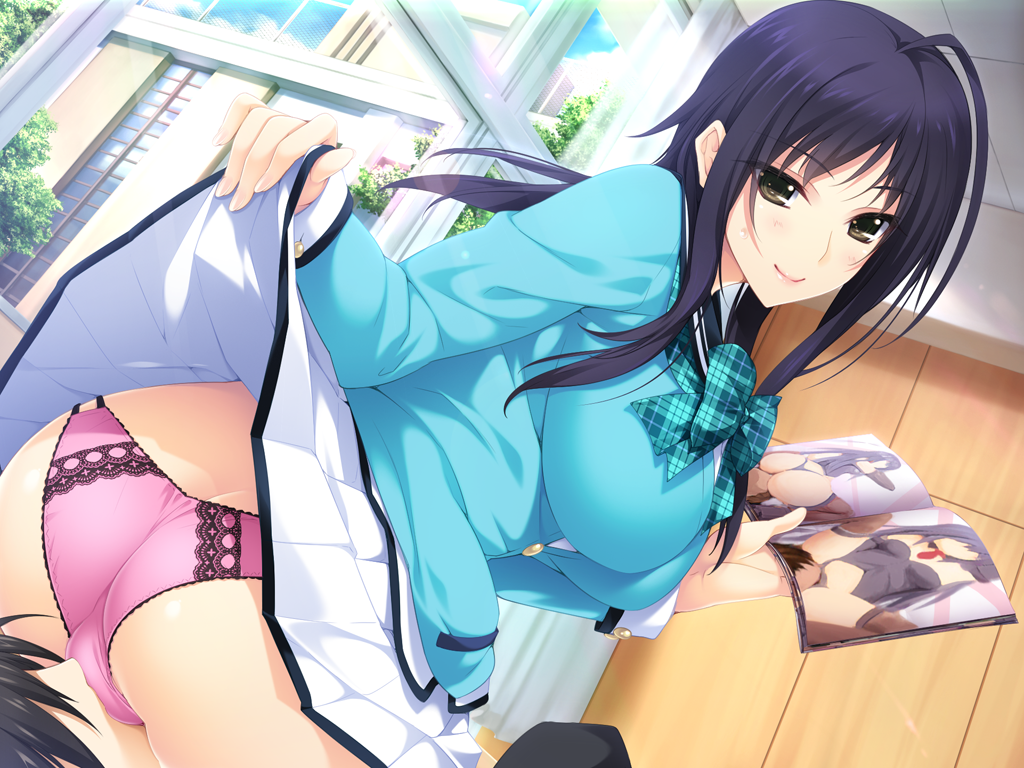 ass black_hair facesitting game_cg iizuki_tasuku izumi_wakoto lovely_x_cation lovely_x_cation_2 panties seifuku skirt skirt_lift underwear