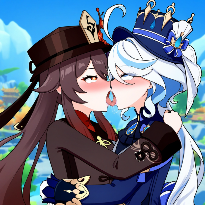 ai_generated french_kissing furina_(genshin_impact) genshin_impact hu_tao_(genshin_impact) kissing powerhouserift tongue_kiss tongue_touching_another's_tongue tongues_touching yuri