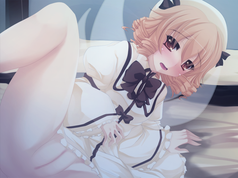 female blonde_hair blush bow censored dress drill_hair hat luna_child no_panties onsen_tamago_(nurumayu_onsen) open_mouth pussy solo touhou white_dress wings