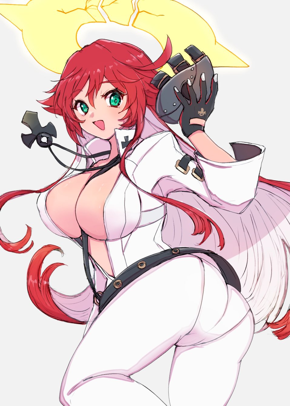 1girls, ankh, ankh necklace, ass, belt, between breasts, black gloves, bodysuit, breasts, broken halo, chemaru (a8l), cleavage, colored inner hair, female, female only, front slit, gloves, green eyes, grey mask, guilty gear, guilty gear strive, hair between eyes, halo, highres, jack-o' valentine, large breasts, long hair, long sleeves, looking at viewer, multicolored hair, pumpkin mask, red gloves, red hair, simple background, solo, spiked halo, strap between breasts, studded belt, two-tone gloves, two-tone hair, usachess maru, very long hair, white background, white bodysuit, white hair