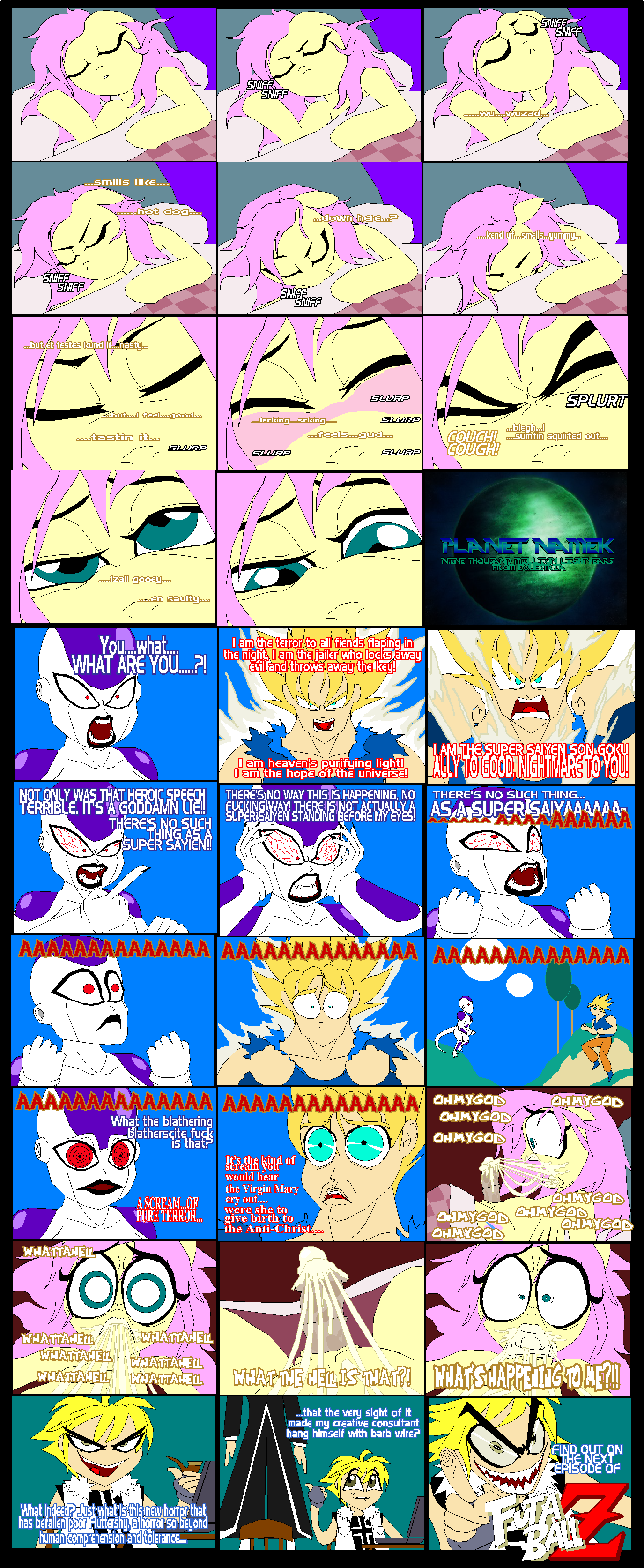 angry bed computer cum dragon_ball dragon_ball_z equine eyes fluttershy_(mlp) friendship_is_magic frieza fur furry furry_only futanari hair horse human intersex my_little_pony penis pink_hair pony sleeping son_goku straight_hair super_saiyan teeth text tyrranux yellow_fur