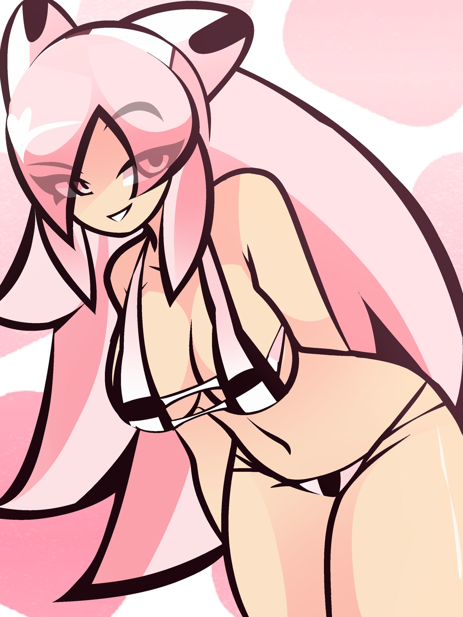 1girls, ami (gwain saga), bikini, bikini bottom, bikini top, cat ears hairband, color, colored, female, female focus, female only, gwain saga, half naked, half nude, headband, light skin, light-skinned female, long hair, looking at viewer, pink eyes, pink hair, rivergravidade, smile, smiling, smiling at viewer, smug, smug expression, smug face, smug grin, smug smile, solo, solo female, solo focus, tagme, white bikini, white bikini bottom, white bikini top