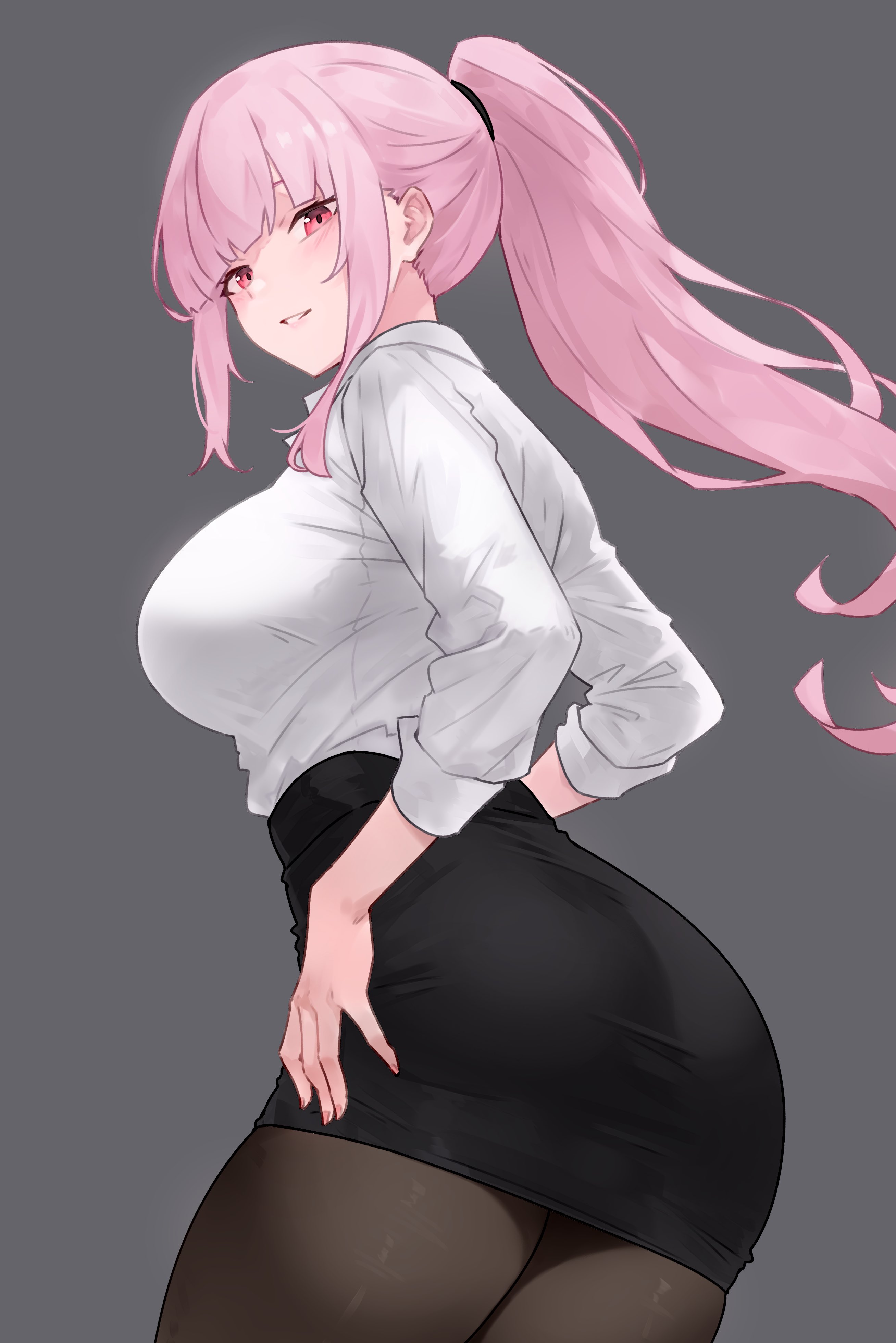1girls, ass, bluefield, breasts, clothed, female, female only, fully clothed, hololive, hololive english, hololive myth, large ass, large breasts, light skin, light-skinned female, long hair, miniskirt, mori calliope, office lady, pink eyes, pink hair, ponytail, short skirt, skirt, tight clothing, virtual youtuber