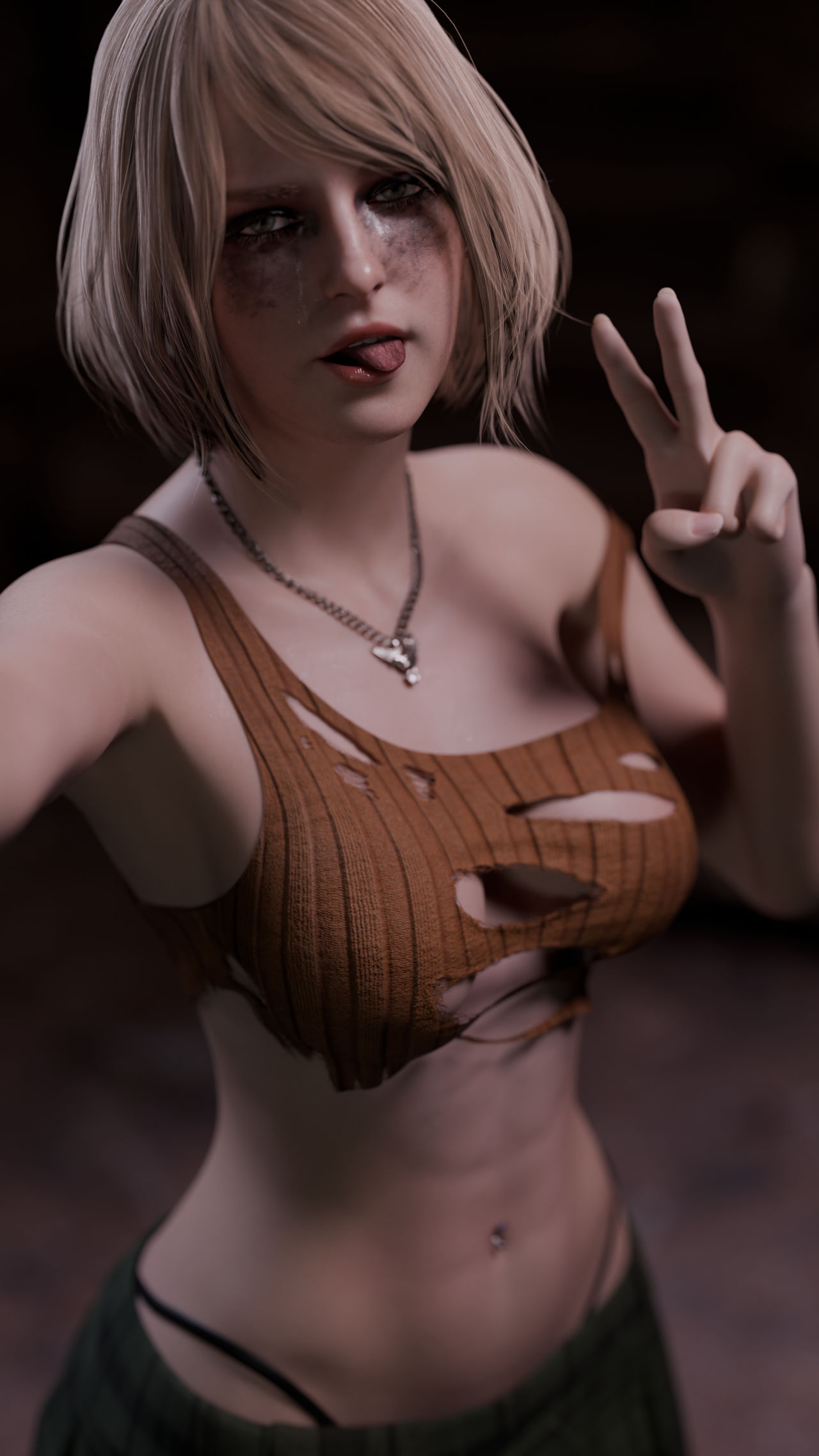 1girls 3d 3d_(artwork) 3d_model ashley_graham ashley_graham_(ella_freya) athletic_female big_breasts blonde_hair breasts busty curvy_female eyebrows eyelashes female female_focus female_only fit fit_female green_eyes green_skirt half-closed_eyes hikamurachi hourglass_figure jewelry lips looking_at_viewer makeup mascara medium_hair midriff navel navel_piercing necklace outstretched_arm peace_sign piercings pose posing_for_picture resident_evil resident_evil_4 resident_evil_4_remake ripped_clothes ripped_clothing ruined_makeup selfie selfie_pose short_hair skirt slim slim_waist solo standing sticking_out_tongue tank_top toned_stomach tongue tongue_out torn_clothes wide_hips