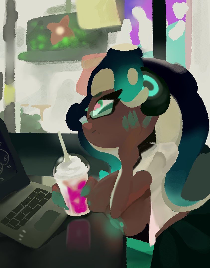 glasses laptop large_breasts marina_(splatoon) nintendo official_artwork_edit splatoon tagme third-party_edit vespbee