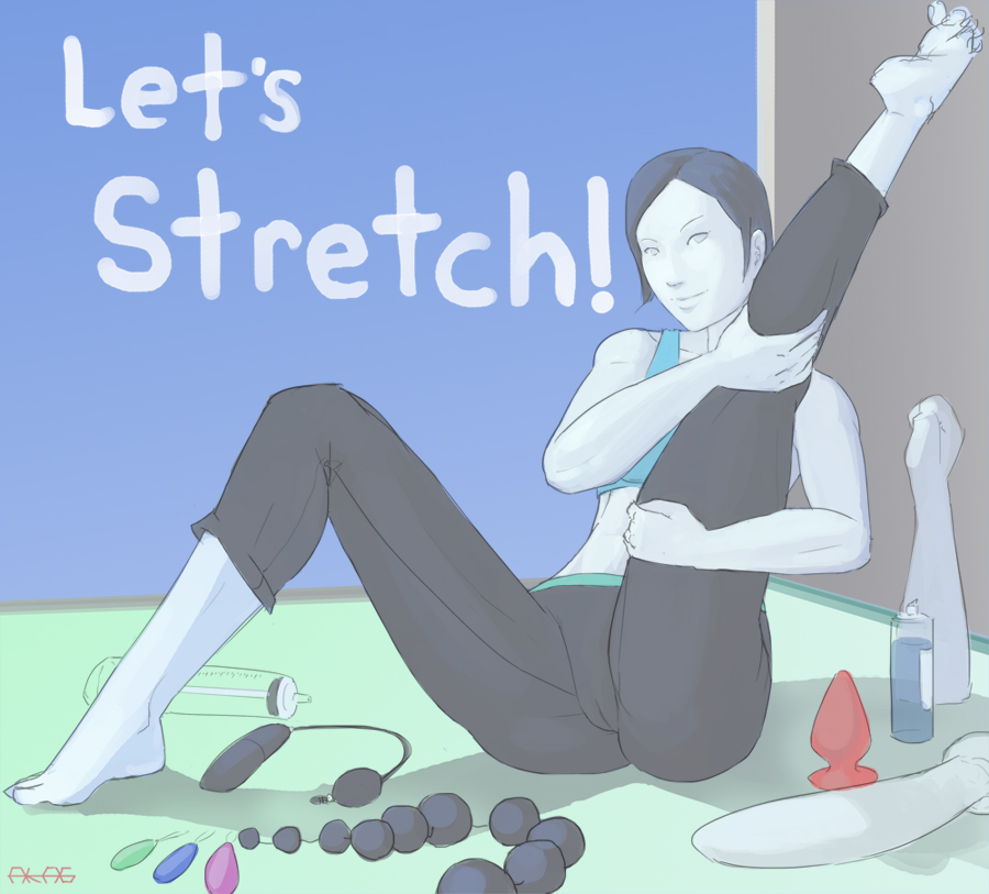 1girls, anal beads, ass, buttplug, dildo, female, flexible, large anal beads, large buttplug, looking at viewer, lube, nintendo, sex toy, smile, solo, spread legs, stretching, text, toes, vibrator, white skin, wii, wii fit, wii fit trainer, wii fit trainer (female)
