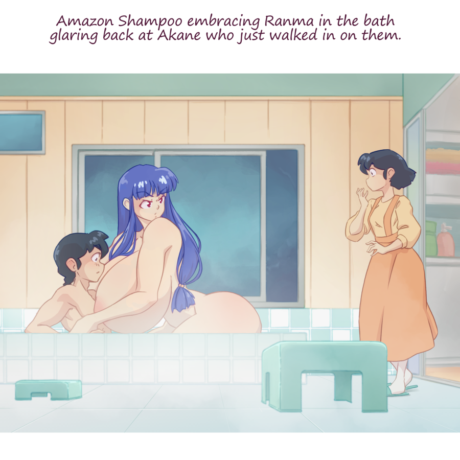 1boy 2girls akane_tendo alternate_breast_size amazon ass bath big_breasts black_hair braid breasts caught caught_in_the_act cleavage color female huge_ass huge_breasts large_breasts male n647 nipples nude nude_female purple_hair ranma-kun ranma_1/2 ranma_saotome request scene_interpretation shampoo_(ranma_1/2) staring surprised text thick_thighs thin_waist unamused wide_hips