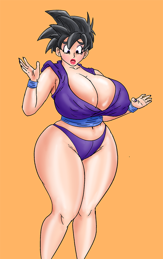 1girls after_transformation age_progression bimbo bimbofication black_hair breasts clothing_transformation curvy dragon_ball dragon_ball_z eyeshadow female female_only genderswap_(mtf) hourglass_figure huge_breasts lipstick make_up makeup mtf_transformation panties post_transformation rule_63 saturnxart short_hair solo son_gohan son_gohan_(young) surprised thick transformation