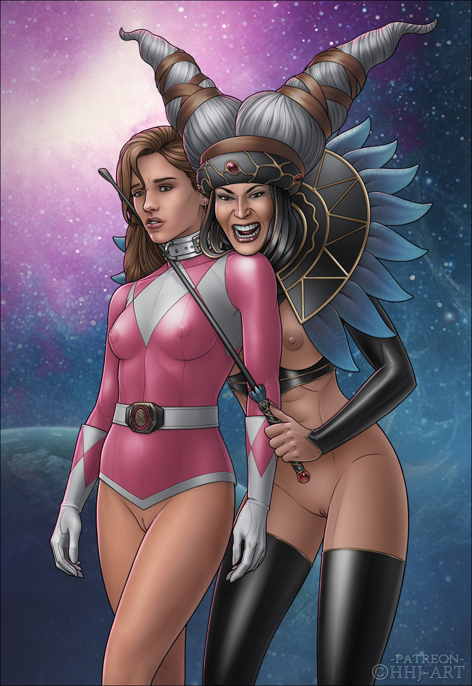 2girls belly big_belly breast_grab breasts collar female femdom femsub high-heeled_jill highheeledjill kimberly_hart mighty_morphin_power_rangers multiple_girls nipples pink_ranger power_rangers pussy riding_crop rita_repulsa yuri