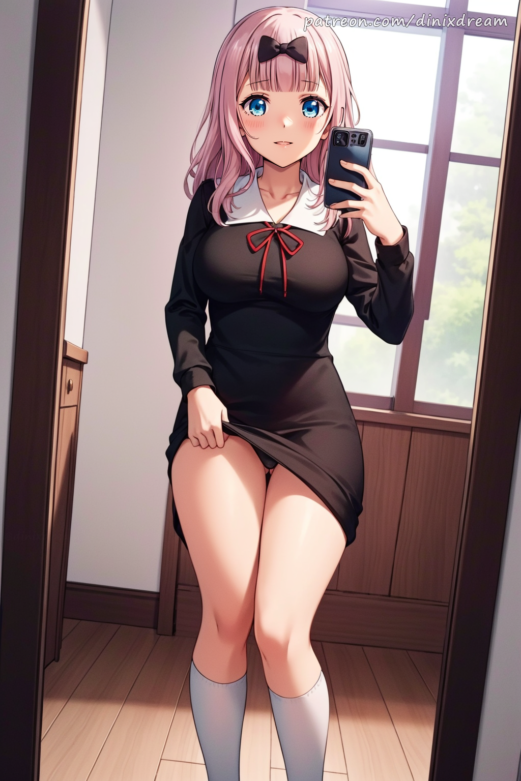 absurdres, ai generated, anus, ass, black bow, blue eyes, blunt bangs, bow, breasts, completely nude, dimples of venus, dinixdream, female, from behind, fujiwara chika, hairbow, highres, kaguya-sama wa kokurasetai ~tensai-tachi no renai zunousen~, large breasts, light blush, long hair, looking at viewer, nipples, nude, one eye closed, open mouth, patreon, patreon username, pink hair, pussy, school uniform, simple background, smile, solo, spread pussy, turning head, uncensored, white background