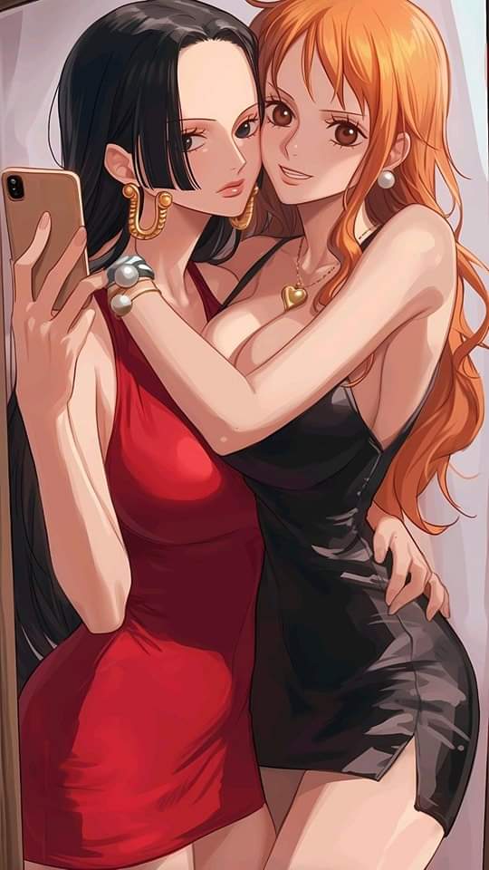 2girls, ai generated, artist request, bare legs, big breasts, black hair, boa hancock, bob cut, breasts, dress, embrace, embracing, female, female only, hugging, long hair, looking at viewer, nami (one piece), one piece, orange hair, photo, post-timeskip, skirt, slim waist, tall female, thick thighs, tight clothes, tight clothing, tight fit, wide hips