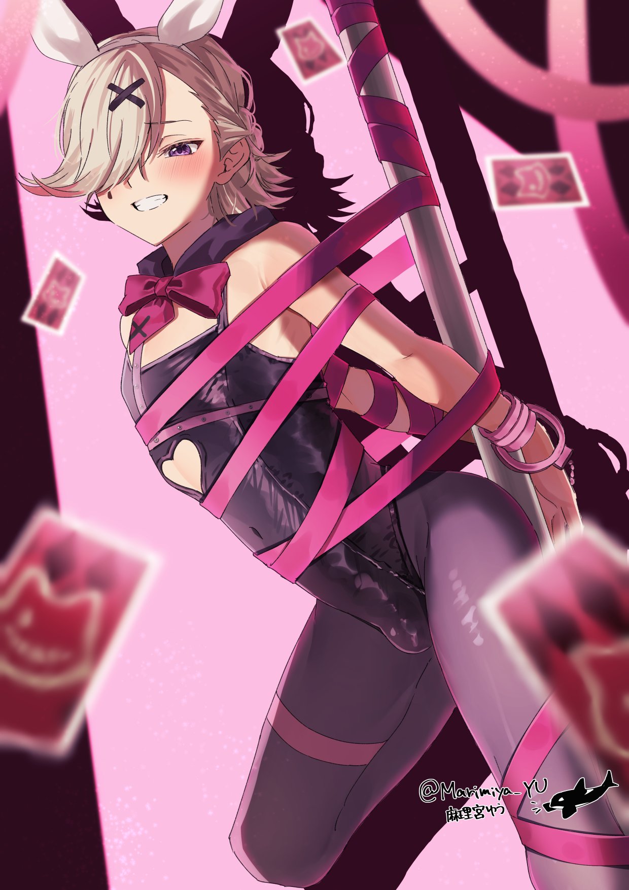 1boy, blush, bulge, bunnysuit, femboy, genshin impact, handcuffs, leotard, looking at viewer, lyney (genshin impact), male, male only, naughty face, pantyhose, pole, rabbit hole (deco*27/caststation), restrained, ribbon bondage, smile, solo, tied up, trap, twink