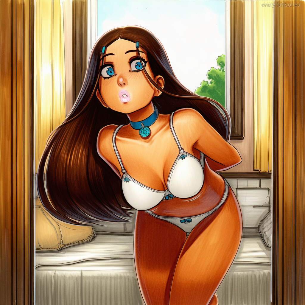 2025 ai_generated artist_name blue_eyes breasts brown_hair cleavage crazyfishbones female jewelry katara long_hair panties solo underwear