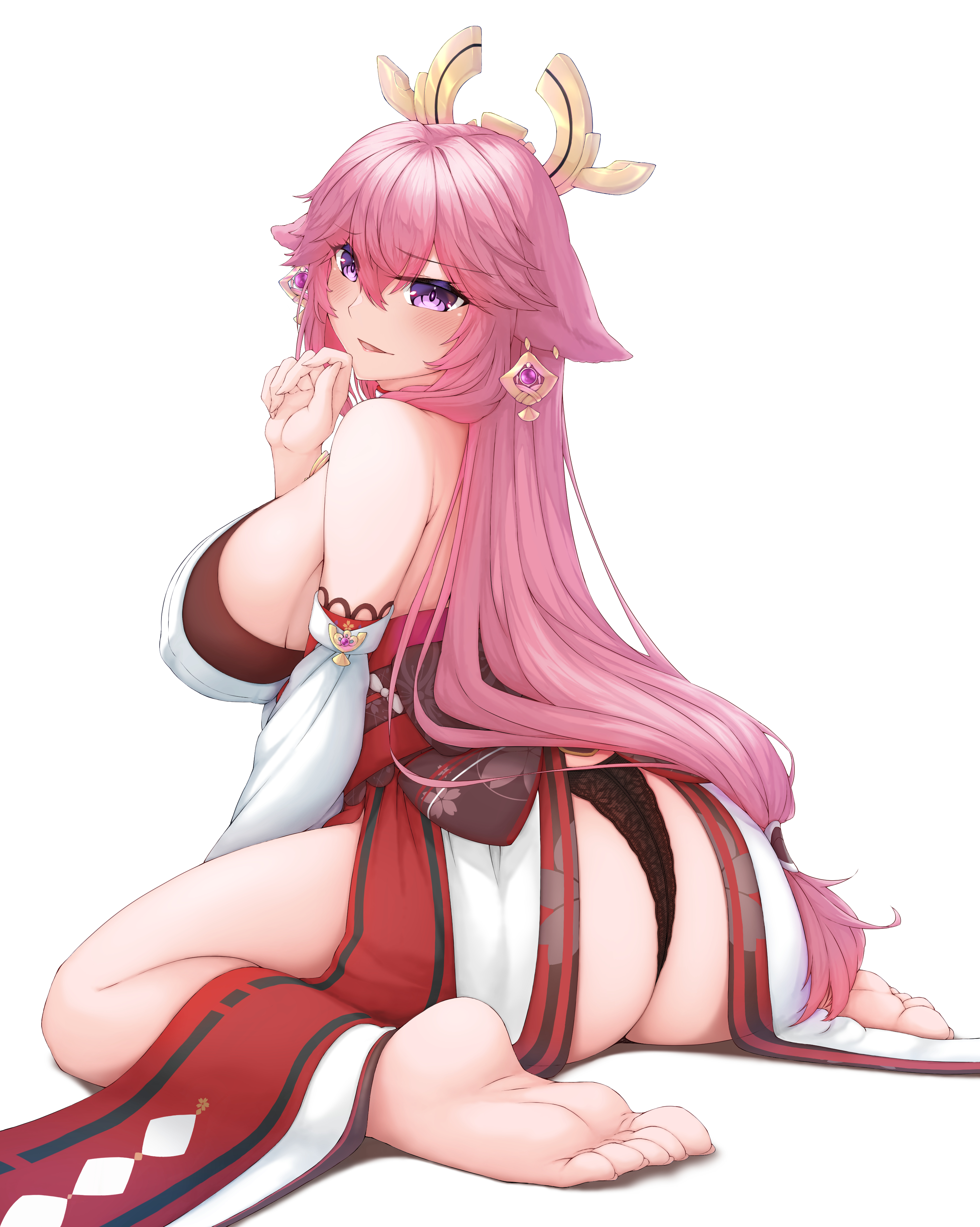 absurdres, animal ears, ass, bare shoulders, barefoot, black panties, breasts, crossed bangs, detached sleeves, earrings, feet, female, floppy ears, fox ears, genshin impact, hair between eyes, highres, japanese clothes, jewelry, large breasts, legs, long hair, nontraditional miko, panties, pink hair, purple eyes, shinrou tsukimi, shirt, sideboob, sitting, sleeveless, sleeveless shirt, soles, solo, toenails, toes, underwear, very long hair, wariza, white shirt, white sleeves, wide sleeves, yae miko