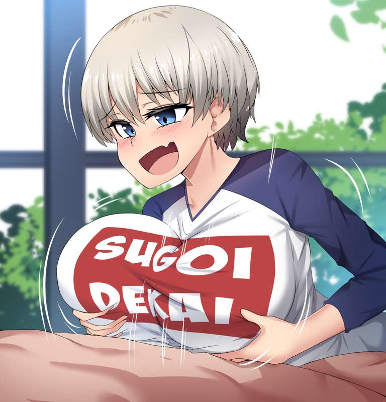 ai generated, blue eyes, blush, boobjob, breasts, female, grey hair, open mouth, paizuri, smile, uzaki hana, uzaki-chan wa asobitai!