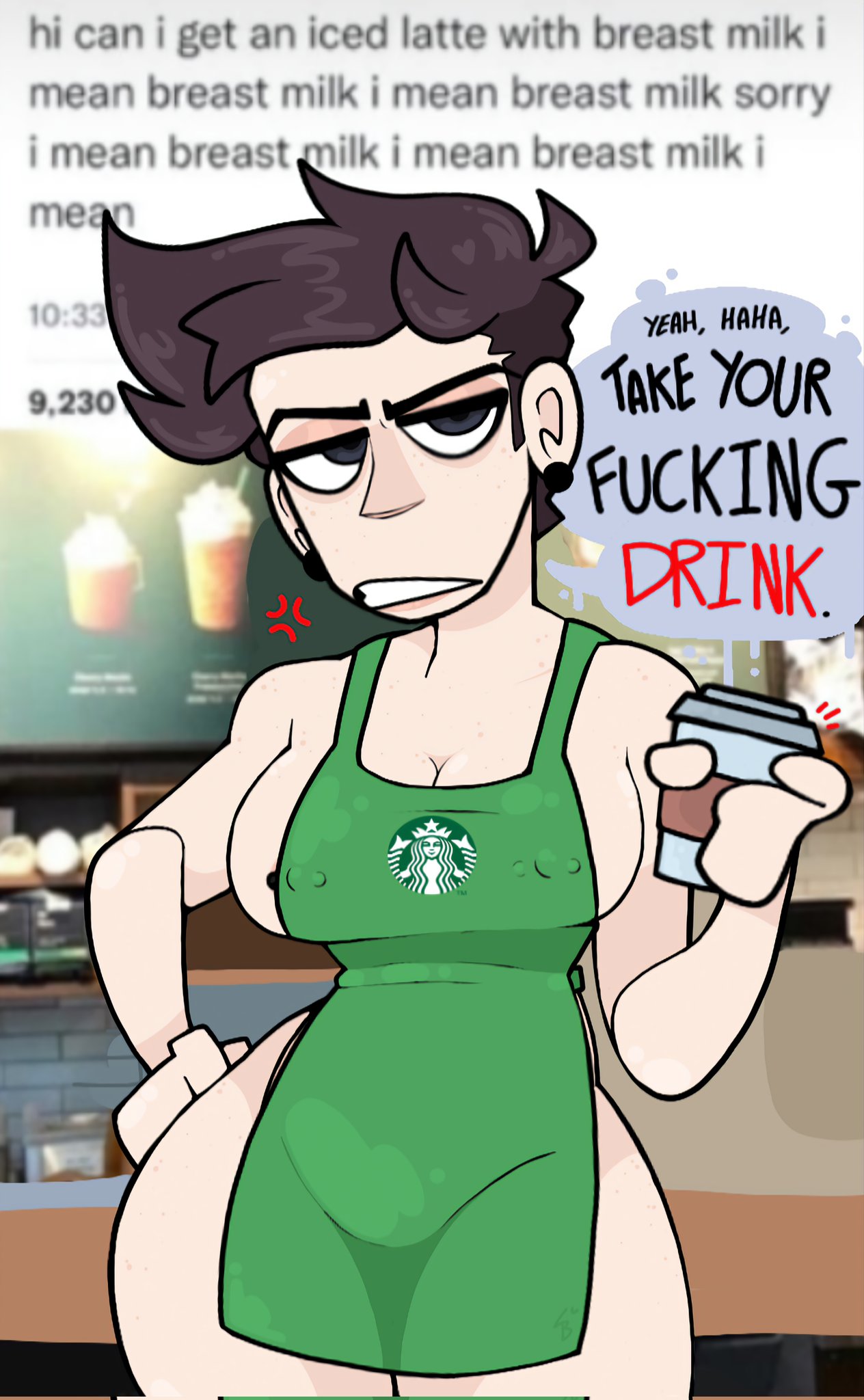 apron apron_only barista breasts cleavage curvy employee employee_uniform female female_focus female_only iced_latte_with_breast_milk lavabutts meme original original_character reece_(lavabutts) short_hair starbucks