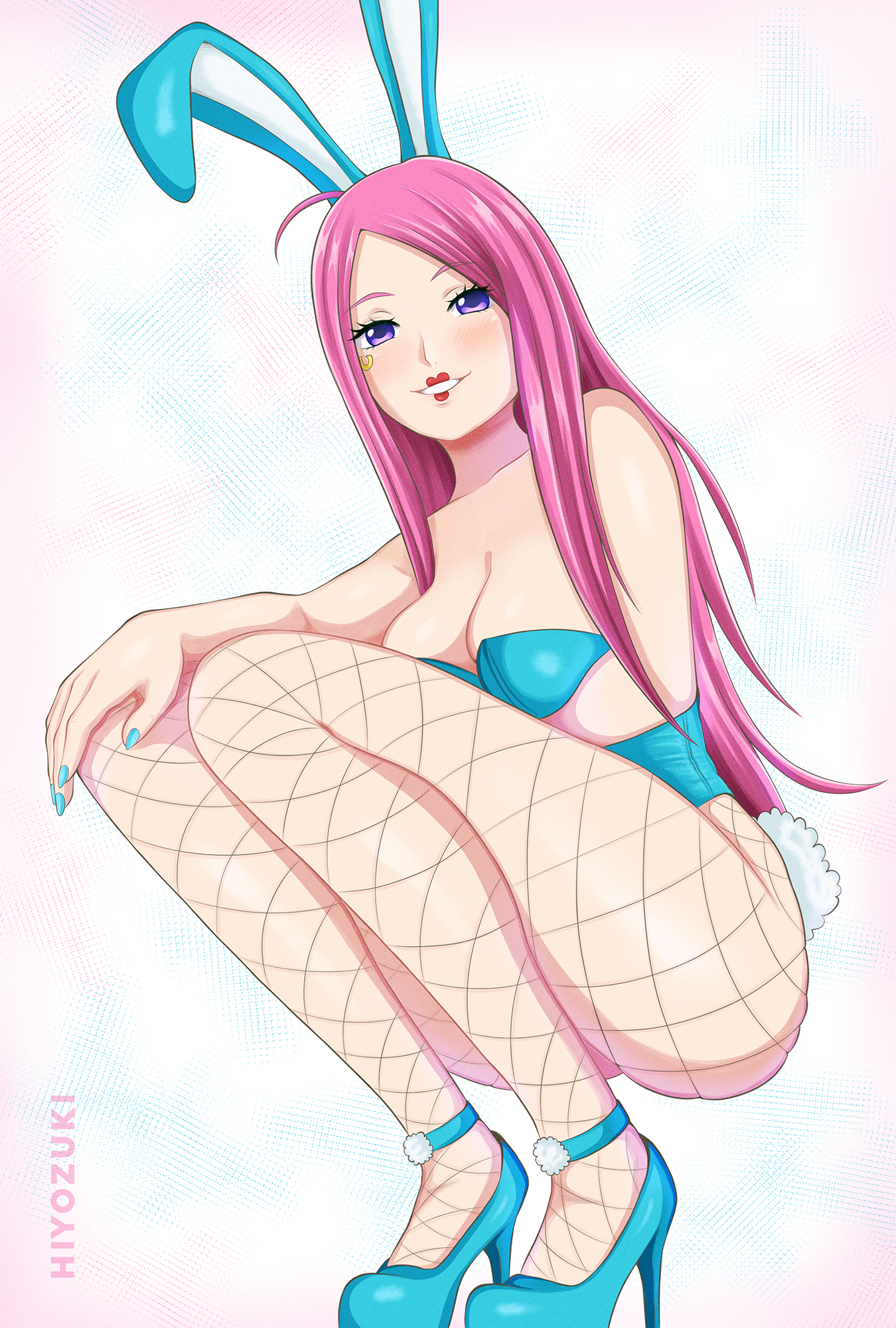 1girls, aged up, blue nails, blush, bunny costume, bunny ears, bunny tail, commission, crouching, female, female only, fishnets, high heels, highres, hiyozuki, jewelry bonney, lipstick, looking at viewer, makeup, nail polish, naughty face, one piece, piercing, pink hair, pink-haired female, purple eyes